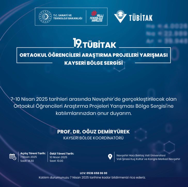 19. TÜBİTAK Ortaokul Öğrencileri Araştırma Projeleri Yarışmaları Bölge Sergisi Nevşehir'de Gerçekleşiyor